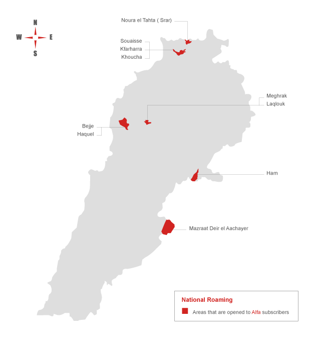 National roaming areas that are opened for Alfa subscribers